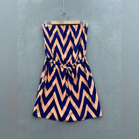 Andree | Dresses | Andree Womens Large Strapless Dress Blue Orange Stripe  Shift Tie Waist Pockets | Poshmark